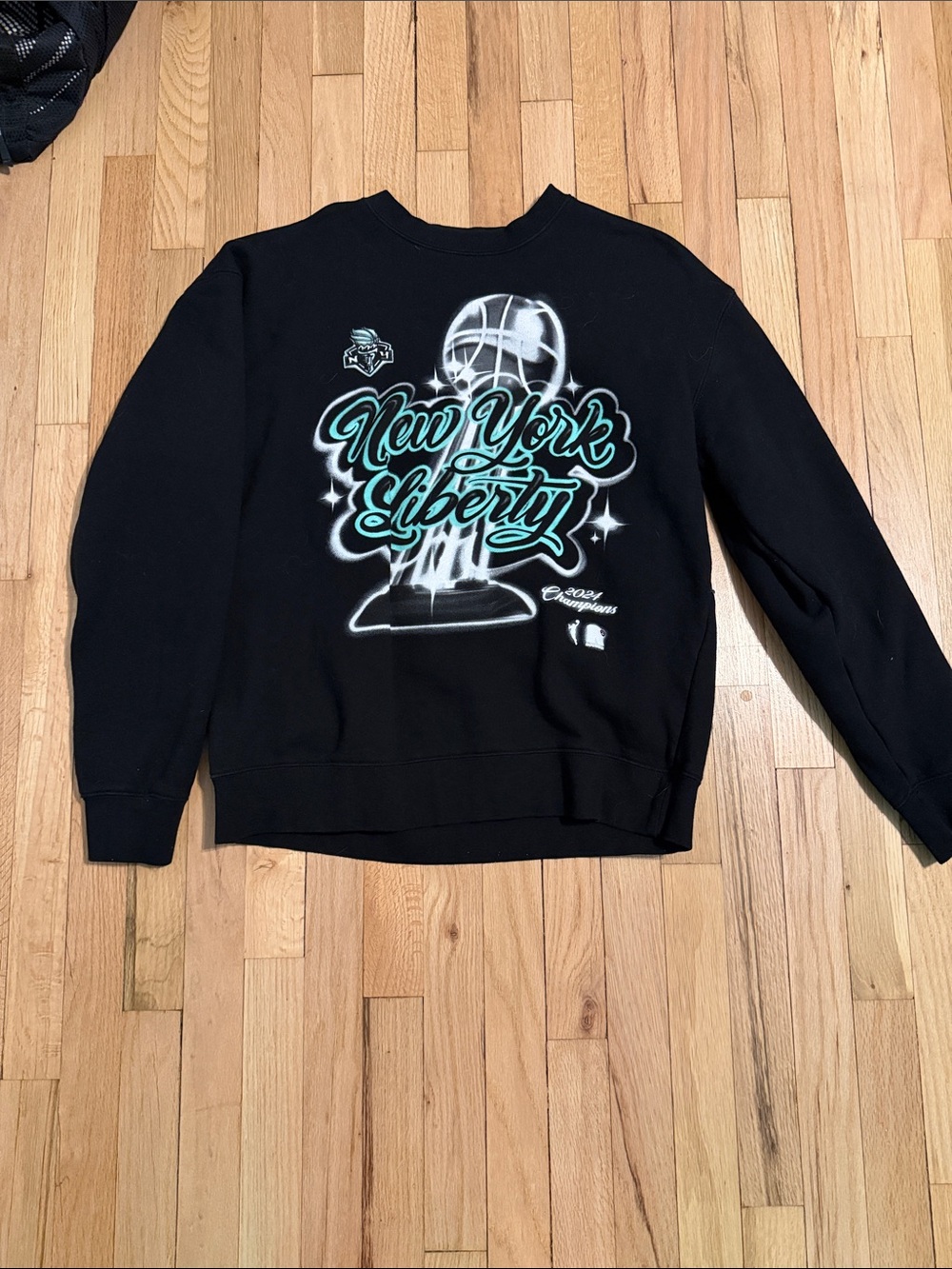New York Liberty Graphic Crewneck Sweater - Black with Teal Script